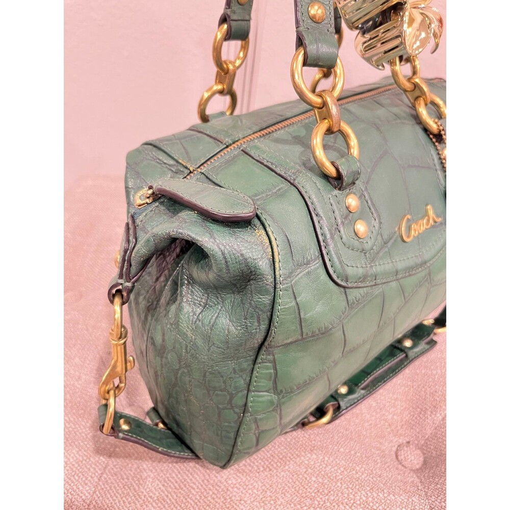 Coach Green Croc Embossed Leather Satchel Handbag - Picture 8 of 12